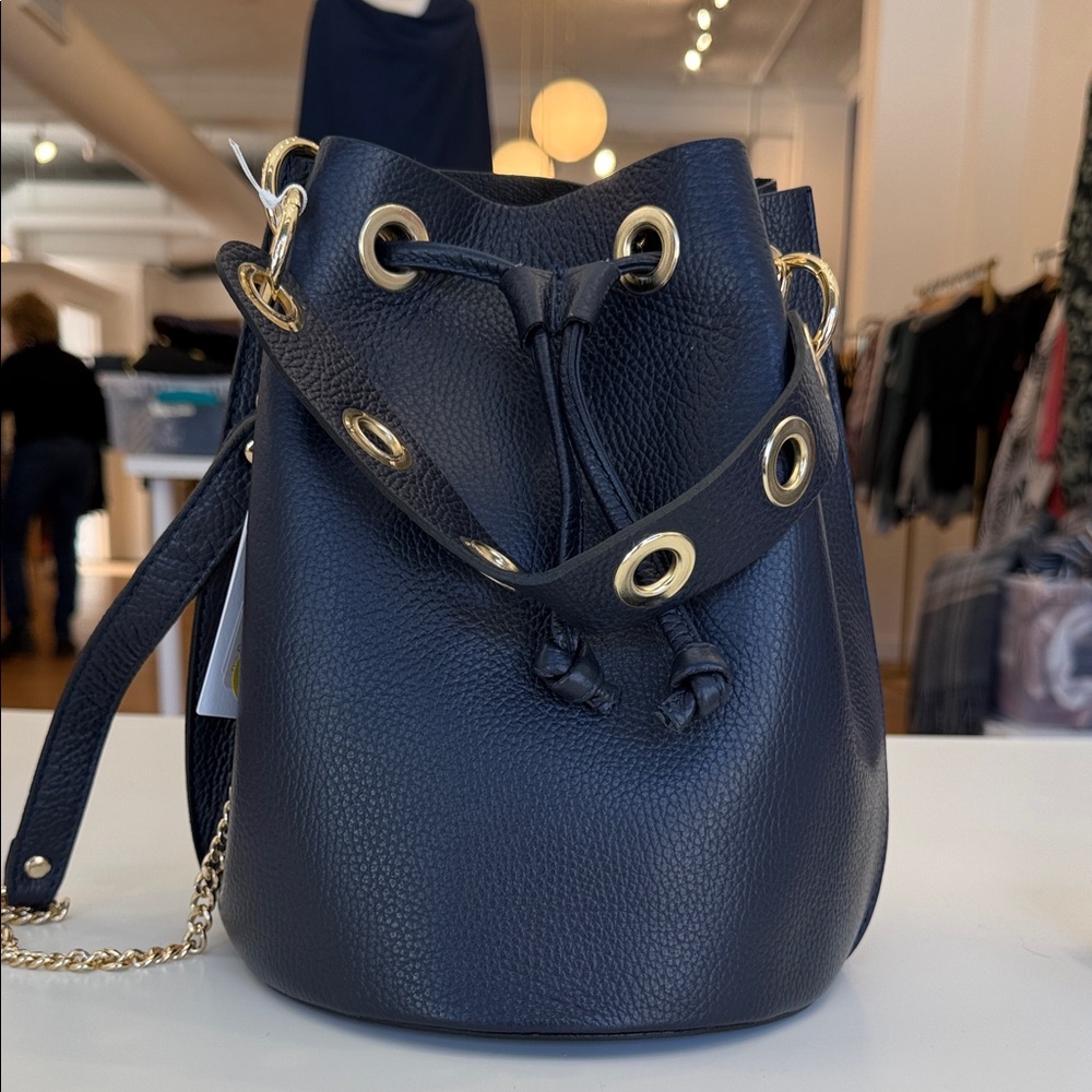 Women's Black Leather Drawstring Bucket Bag with Gold Accents